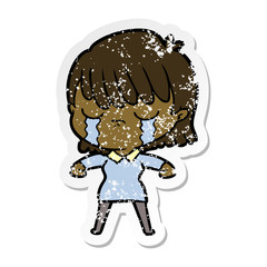 distressed sticker of a cartoon woman crying