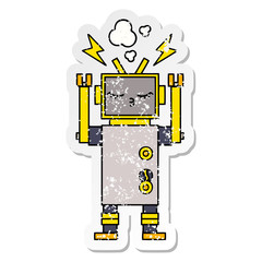 distressed sticker of a cute cartoon malfunctioning robot