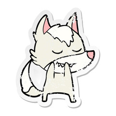 distressed sticker of a laughing cartoon wolf