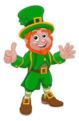 A Leprechaun St Patricks Day Irish cartoon character doing a thumbs up and waving