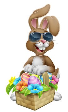 Easter bunny rabbit cartoon character in cool sunglasses or shades with a basket on an Easter egg hunt