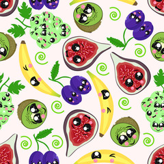 seamless pattern with kiwi, banana, plum, grapes, figs - vector illustration, eps
