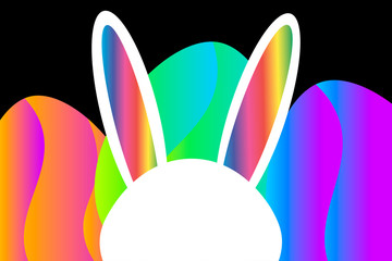 Happy easter template with hid rabbit with copy space for text on the head and eggs with bright creative neon colors and futuristic flow liquid shapes decor. Editable Vector EPS 10 illustration.