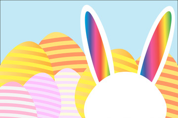 Happy easter template with hid rabbit with copy space for text on the head and eggs. Design layout for invitation, card, menu, flyer, banner, poster, voucher. Editable Vector EPS 10 illustration.