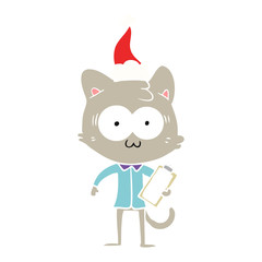 flat color illustration of a surprised office worker cat wearing santa hat