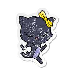 distressed sticker of a cute cartoon cat with bow running