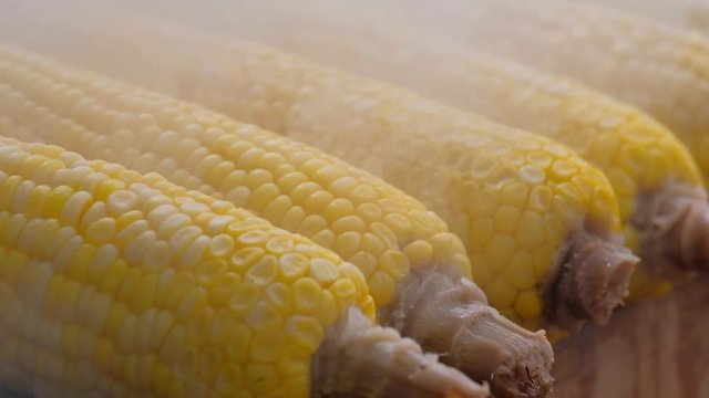 Close up of appetizing grilled sweet corn on the bbq grill. Street food festival in japan. Slow motion-the smoke from cooking movement