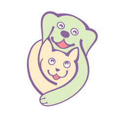 Dog and cat hug togheter with love, logo on white bckground.
