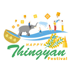 Thingyan,  Burmese New Year Festival, Water Festival in Burma, Vector Illustration