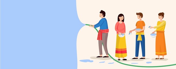 Songkran Festival Banner, Thai New Year's Day. Men and women playing water.