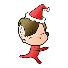 gradient cartoon of a girl in onesie wearing santa hat