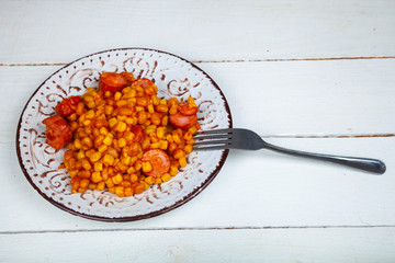 Hot dish with beans, corn and sausages