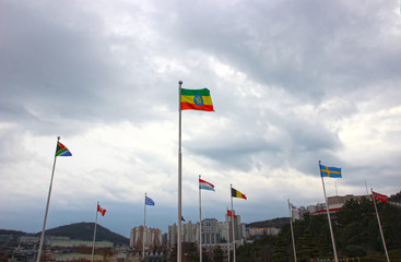 Ethiopia Flag Waving in the air of UN Memorial Cemetery in Busan, South Korea, Asia