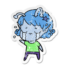 distressed sticker of a cartoon crying alien girl