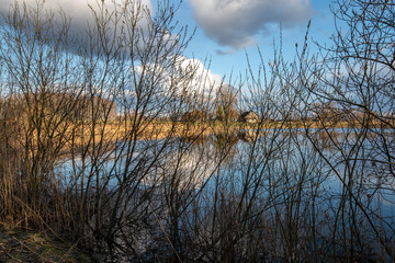 calm lake in bright sun light with reflections of clouds and trees and blue sky