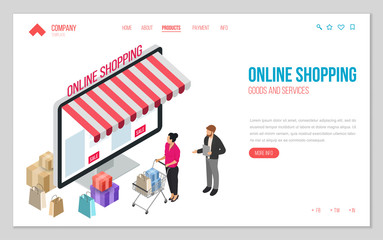 Design website or landing page template. Minimal modern concept for online shopping, e-commerce market. Isometric vector illustration.