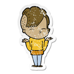 distressed sticker of a cartoon girl shrugging shoulders