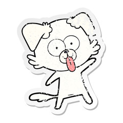 distressed sticker of a cartoon dog with tongue sticking out