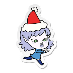 pretty sticker cartoon of a elf girl wearing santa hat