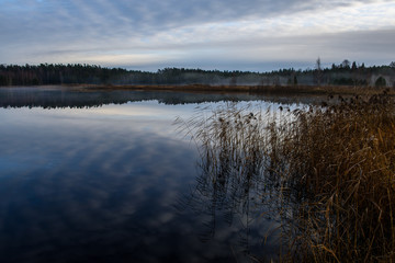 calm lake in bright sun light with reflections of clouds and trees and blue sky