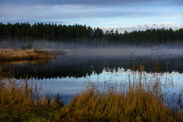 calm lake in bright sun light with reflections of clouds and trees and blue sky