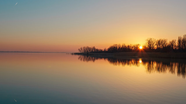 Sunset landscape over the lake Balaton in a autumn evening in Hungary