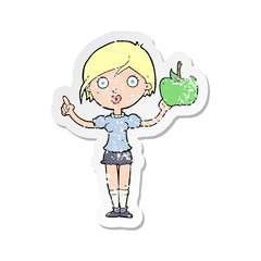 retro distressed sticker of a cartoon woman talking about health food
