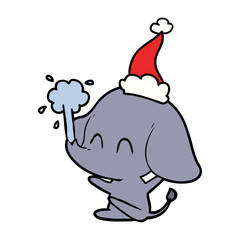 cute line drawing of a elephant spouting water wearing santa hat