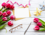 Pink spring tulips and greeting card