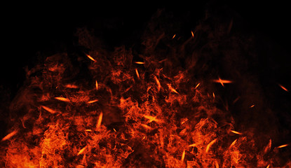 Fototapeta na wymiar Vintage burn flames with particles embers on isolated black background. Fire texture effect background.