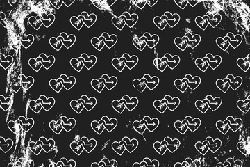 Fototapeta na wymiar Grunge pattern with line art icons of double cupid hearts. Horizontal black and white backdrop.