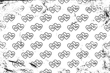 Grunge pattern with icons of double typography hearts. Horizontal black and white backdrop.