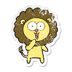 distressed sticker of a happy cartoon lion