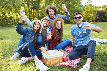 A group of young people having on a picnic in the park.