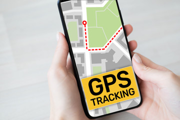 GPS tracking map on smartphone screen.  Global positioning system, navigation concept.