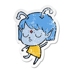 distressed sticker of a cartoon alien girl