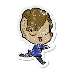 distressed sticker of a happy cartoon girl