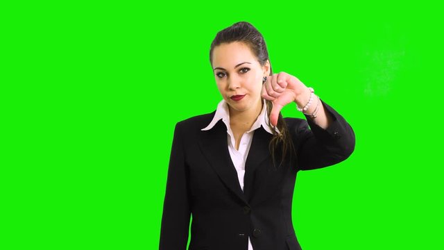 Business woman holding her thumb down isolated on green screen chroma key