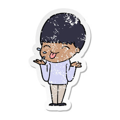distressed sticker of a cartoon boy sticking out tongue