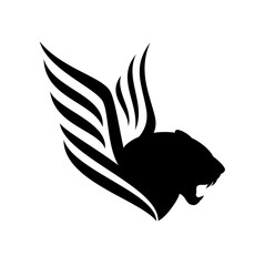 roaring panther profile head - furious big cat with wings black and white vector design
