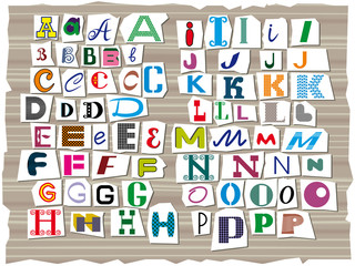The Latin alphabet, made up of letters of different sizes and shapes, is composed in the style of inscriptions from detective stories. Multicolored letters carved from newspaper headlines. Part 1