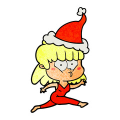 textured cartoon of a woman running wearing santa hat