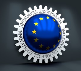 Cog wheel with European Union flag. Precision machinery relative backdrop. 3D rendering