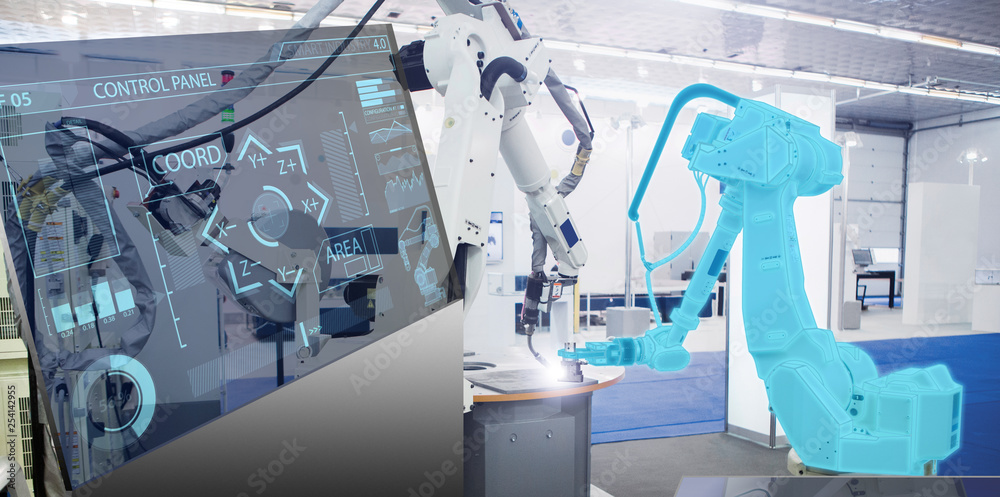 Poster Futuristic transparent computer for control of robots in a smart factory. Smart industry 4.0 concept