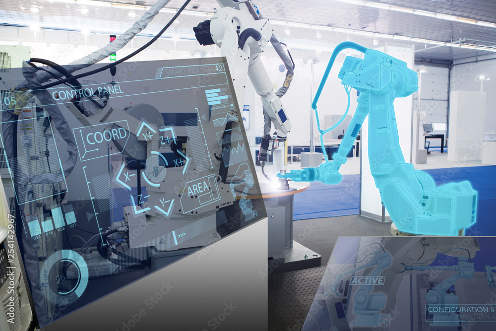Poster Futuristic transparent computer for control of robots in a smart factory. Smart industry 4.0 concept