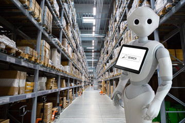 Modern robot with integrated digital tablet in warehouse store stock.