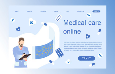 Landing page template of medical care online. Concept of web page design for website and mobile application. Vector illustration.