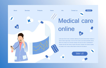 Landing page template of medical care online. Concept of web page design for website and mobile application. Vector illustration.