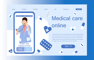 Landing page template of medical care online. Concept of web page design for website and mobile application. Vector illustration.