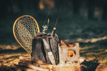 Firebox stove in the camp during fishing.